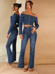 SHEIN BAE 一字肩翻蓋細節前紐扣短款牛仔夾克