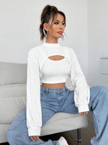 SHEIN EZwear Women's White Knitted Sweatshirt - White - View 6