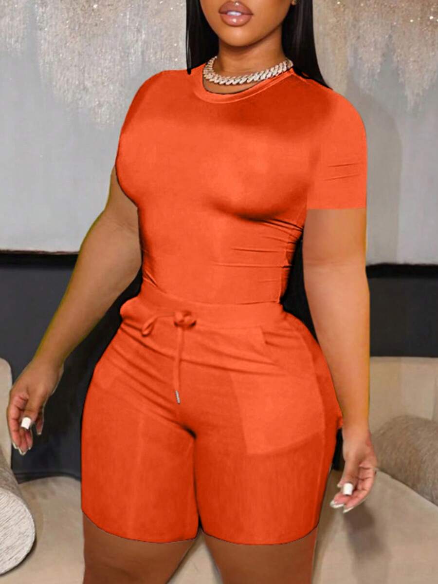 LovelyWholesale 2 件套休闲圆领短袖抽绳腰短裤 - 橘色 - 查看 1