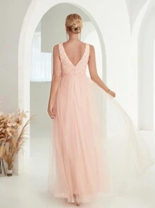 Contrast Sequin Mesh Bridesmaid Dress - Pink - View 2