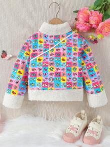 SHEIN Kleines Mädchen Cartoon Grafik, Teddy Besatz, Jacke mit & Tasche