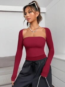SHEIN EZwear Chất rắn Cổ vuông Top Cây trồng - Màu Đỏ Sâu - Xem 3