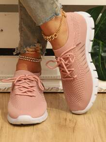 Women's Fashionable Breathable Knitted Lace-Up Sports Shoes For All Seasons, Suitable For Running And Casual Wear - Hồng - Xem 3