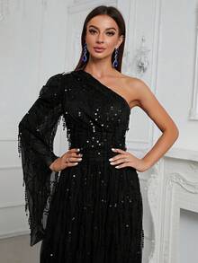 YISIKADO Asymmetrical Neck Split Thigh Sequin Formal Dress Black Elegant Long Sleeve Prom Evening Wedding Guest Gown, For Graduation, Dinner Party Dress - màu đen - Xem 3
