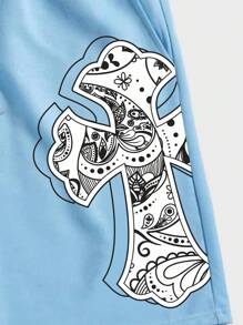 ROMWE MEN Street Life Quần short thắt lưng dây rút in chéo nam, đi học - Màu xanh nhạt - Xem 3