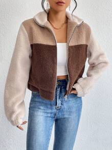 SHEIN Essnce Khối màu Dây kéo Áo Teddy Jackets - Nhiều màu - Xem 1