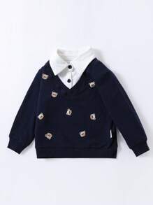 男小童小熊刺繡拼接領二合一運動衫 - 寶藍色 - 查看 3