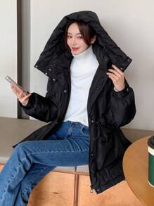 DAZY Letter Graphic Drawstring Waist Hooded Puffer Thick Pockets Coat - Black - View 6