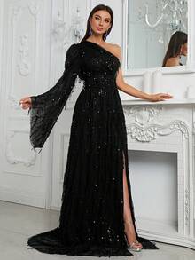YISIKADO Asymmetrical Neck Split Thigh Sequin Formal Dress Black Elegant Long Sleeve Prom Evening Wedding Guest Gown, For Graduation, Dinner Party Dress - màu đen - Xem 4