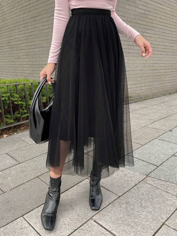 Solid Mesh Overlay Skirt
