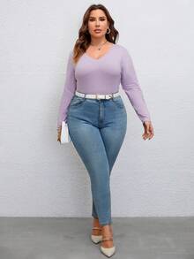 SHEIN Clasi 大碼素色V領T恤 - 紫色 - 查看 3