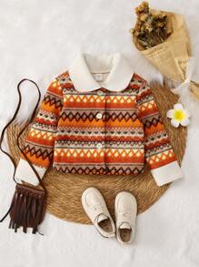SHEIN Young Girl Chevron Print Borg Collar Jacket - Orange - View 1