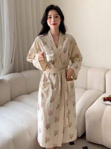 DAZY Floral Print Drop Shoulder Belted Robe Pajama - Beige - View 1
