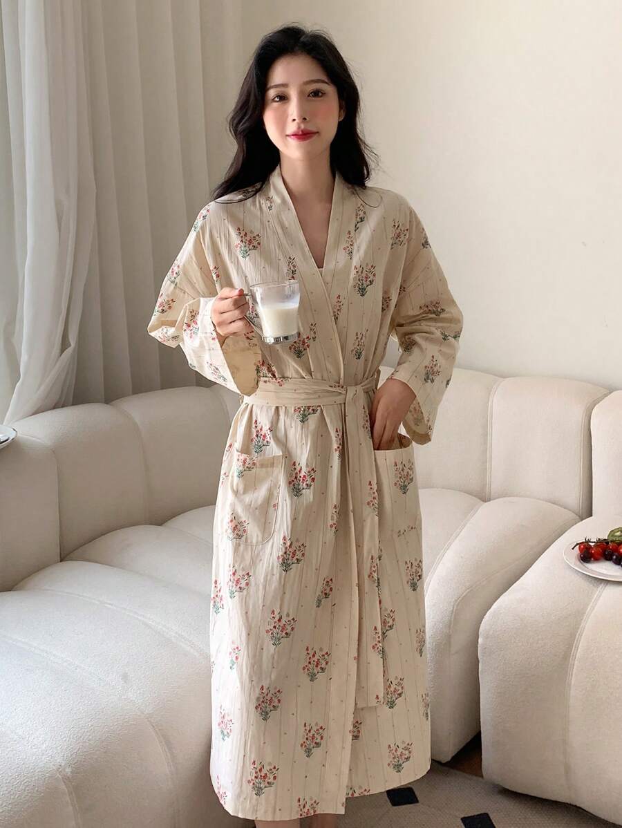 DAZY Floral Print Drop Shoulder Belted Robe Pajama - Beige - View 1