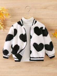 SHEIN Young Girl Heart Pattern Striped Trim Teddy Bomber Jacket Without Sweater - Multicolor - View 1