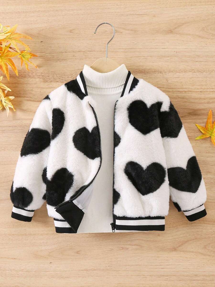 SHEIN Young Girl Heart Pattern Striped Trim Teddy Bomber Jacket Without Sweater - Multicolor - View 1