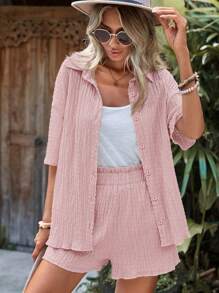 SHEIN LUNE Solid Drop Shoulder Shirt & Shorts - Baby Pink - View 3