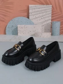 Women's Spring/Autumn New Thick-Soled Loafers, Fashion Minimalist Solid Color Round Toe Black Flat Shoes, Buckle Small Leather Shoes, Comfortable Platform Shoes, British Style Slip-On Shoes, Soft Bottom Work Shoes, Student Shoes - Black - View 1