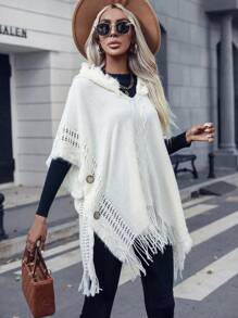 SHEIN Unity Poncho con diseño de botón ribete con fleco con capucha tejido - Beis - Ver 3