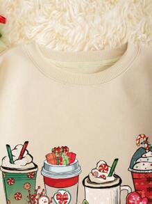 SHEIN EZwear 聖誕圖案落肩袖加絨內裏運動衫 - 杏色 - 查看 3