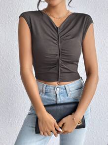 SHEIN Unity Ruched Front Crop Tank Top - Dark Grey - View 4