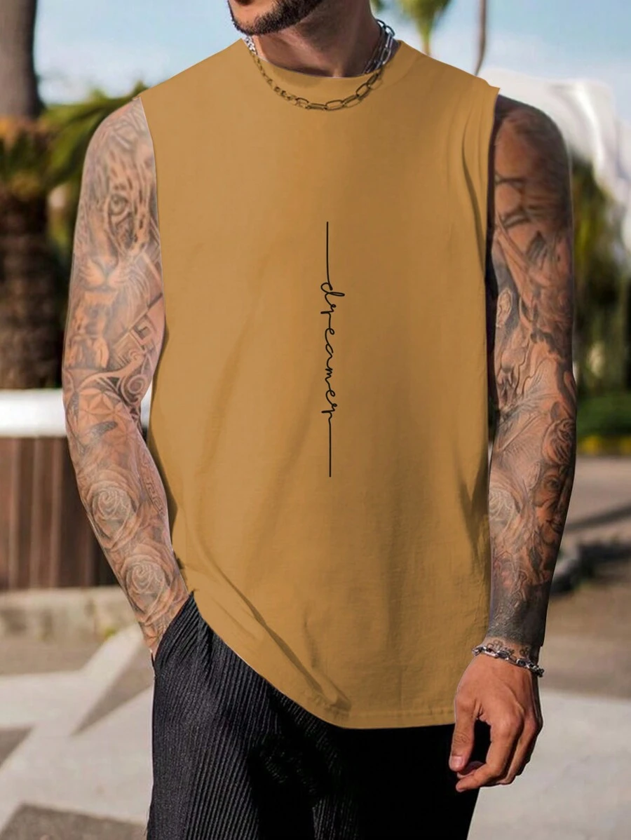 Manfinity Homme Hombres Top tank con estampado de letra - Marrón - Ver 1