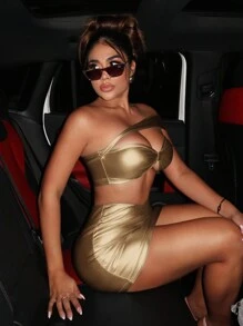 SHEIN SXY Một bờ vai Top Cây trồng & Váy bodycon - gừng - Xem 3