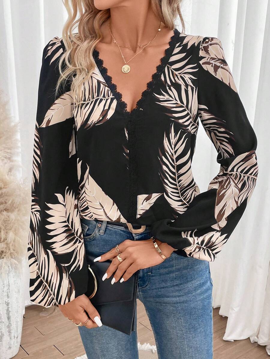 SHEIN Frenchy Tropical Print Guipure Lace Trim Lantern Sleeve Blouse - Black - View 1
