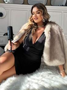 SHEIN BAE Áo khoác lông giả Ombre thời trang cỡ lớn, mùa thu/đông - Màu Khaki - Xem 3