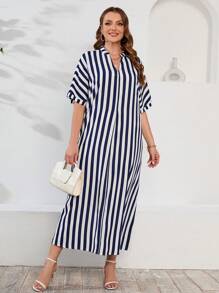SHEIN LUNE Plus Striped Print Notched Neckline Batwing Sleeve Dress - Navy Blue - View 5