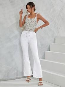 SHEIN LUNE Lace Up Front Flare Leg Jeans - White - View 1