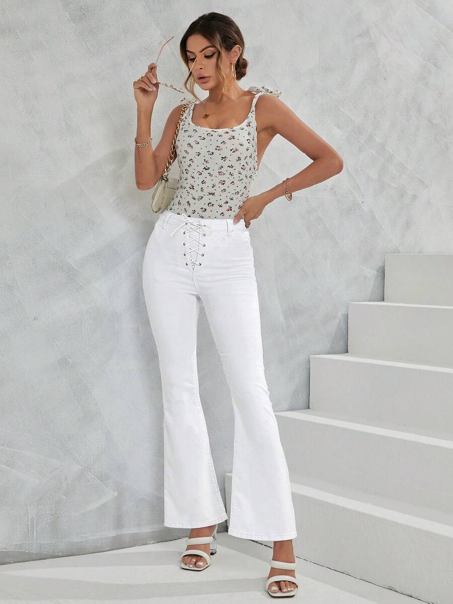 SHEIN LUNE Lace Up Front Flare Leg Jeans - White - View 1