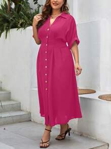 SHEIN Essnce 休閒前紐扣純色加大洋裝