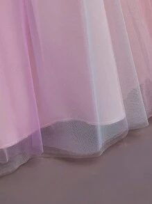 Tween Girl Contrast Sequin Puff Sleeve Mesh Overlay Gown Dress - Multicolor - View 7