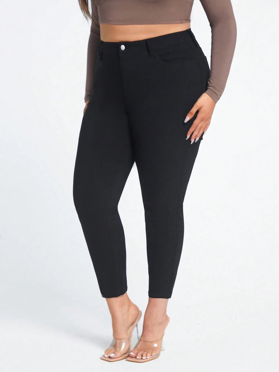 SHEIN BAE 大碼高腰緊身牛仔褲 - 黑色 - 查看 1