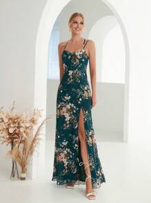 Floral Print Split Thigh Cami Bridesmaid Dress - Green - View 1
