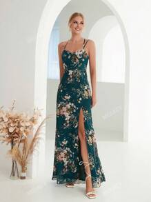Floral Print Split Thigh Cami Bridesmaid Dress
