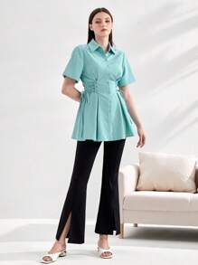 Mulvari Lace Up Side Fold Pleated Detail Shirt - Mint Green - View 1