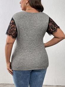 SHEIN LUNE Plus Contrast Lace Wrap Hem Sweater Knit Pullover Fall Winter Sweater - Grey - View 2