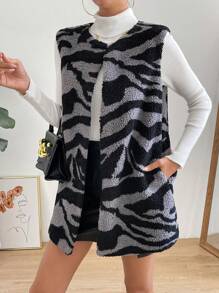 SHEIN Essnce Abrigo chaleco con estampado de dibujo con parte delantera abierta teddy - Multicolor - Ver 1