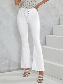 SHEIN LUNE Lace Up Front Flare Leg Jeans - White - View 6