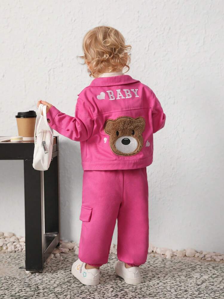 Baby Girl Casual Bear Patterned Long Sleeve Fleece Jacket And Pants Set