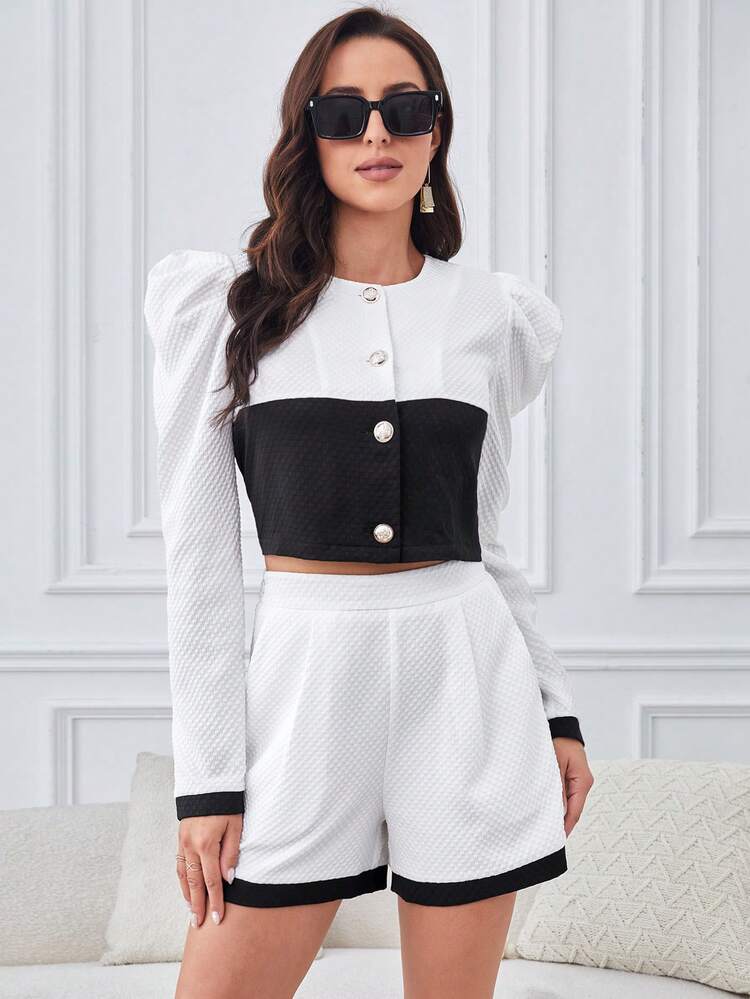 Two Tone Gigot Sleeve Crop Jacket & Shorts