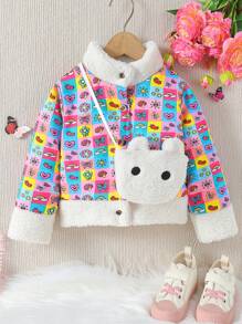 SHEIN Kleines Mädchen Cartoon Grafik, Teddy Besatz, Jacke mit & Tasche