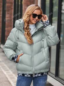 GASMAN Plaid Print Drawstring Zipper Hooded Padded Coat