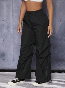 SHEIN PETITE Drawstring Waist Windbreaker Black Pants - Black - View 4