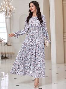 Mulvari Ditsy Floral Print Flare Sleeve Ruffle Hem Dress Without Belt - Purple - View 1