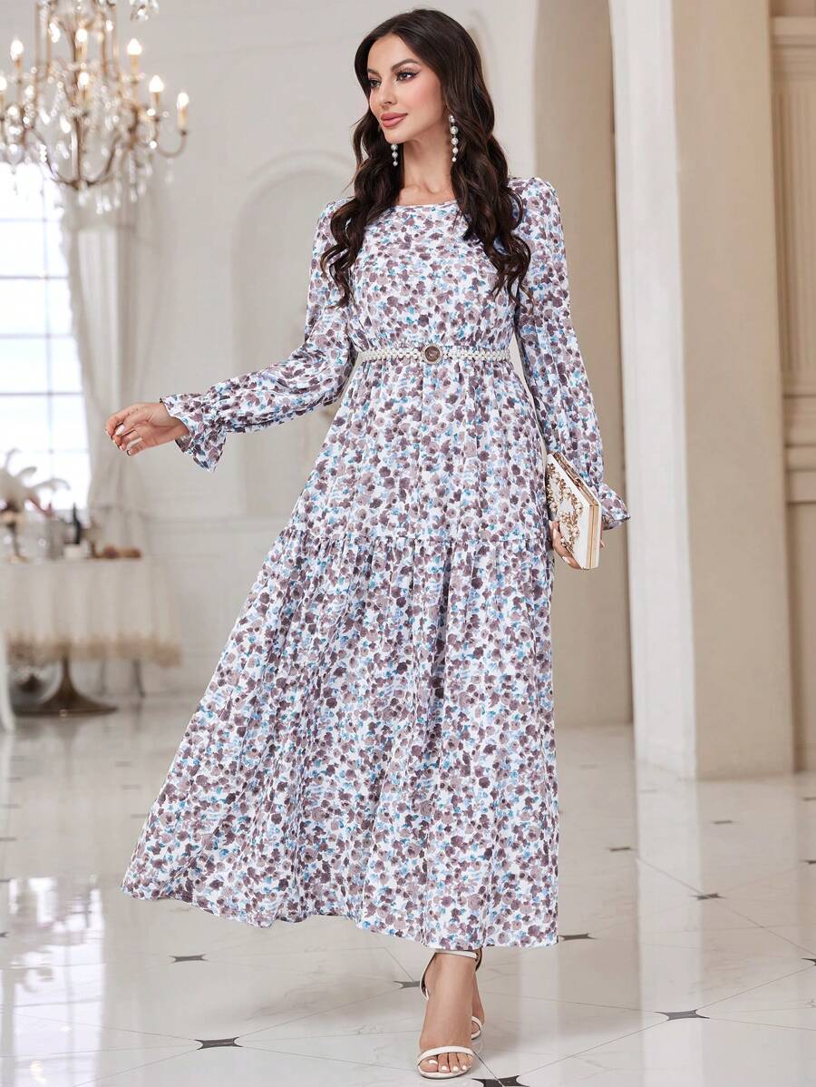 Mulvari Ditsy Floral Print Flare Sleeve Ruffle Hem Dress Without Belt - Purple - View 1