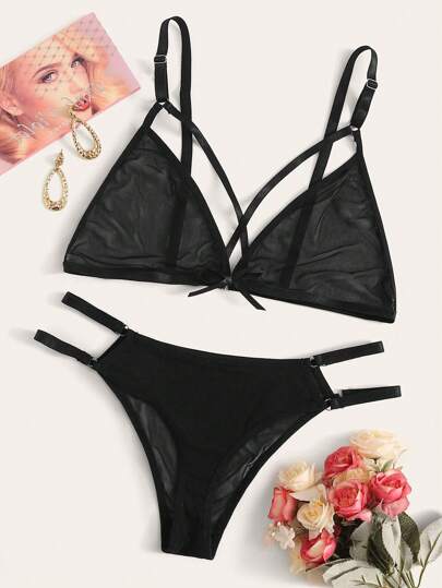 طقم ملابس داخلية شفاف باربطة ظهر متقاطعة