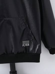 SHEIN Cậu bé Tween Thư được vá Túi kangaroo áo có mũ Da giả - màu đen - Xem 3